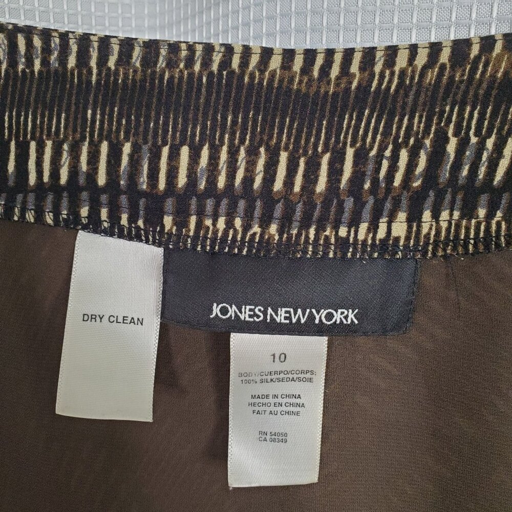 JNY Sz 10 Skirt 100% Silk Georgette Semi Sheer Lined Midi Artsy Flowy Black Tan - Picture 5 of 8